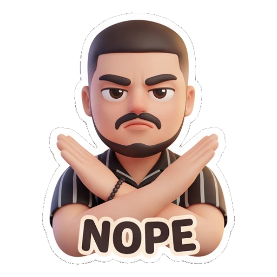 Bearded man crossing arms to signal refusal with 'NOPE' text. Modern Bearded Guy sticker for expressive chats and social replies.