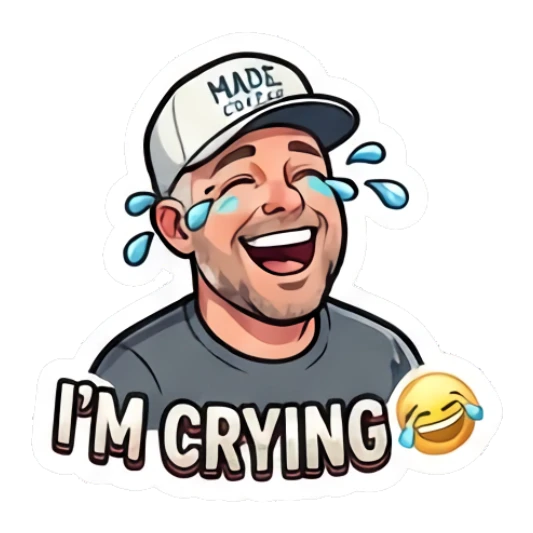Man laughing with tears of joy and text I'M CRYING Coffee Shop Guy Daily Vibes sticker for expressive chats and social replies.