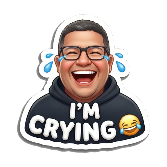 Man with glasses laughing with tears of joy and text I'M CRYING. Tech Guy Daily Vibes sticker for expressive chats and social replies.