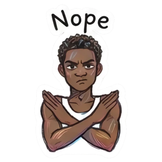 Serious young man crossing arms in a rejection gesture with text Nope Doodle Boy Expressions sticker for expressive chats and social replies.