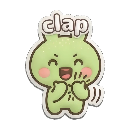 Cheerful green bunny clapping hands and 'clap' text. Puffy Green Bunny Adventures sticker for expressive chats and social replies.