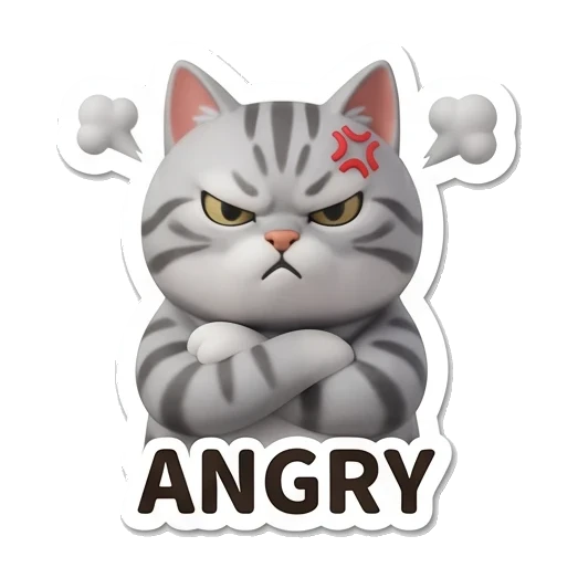 Gray tabby cat with crossed arms and angry expression with ANGRY text Cheerful Gray Tabby Cat sticker for expressive chats and social replies.