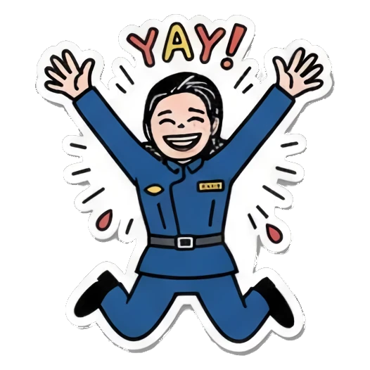 Jumping with joy, shouting 'YAY!' Officer's Daily Moods sticker for expressive chats and social replies.
