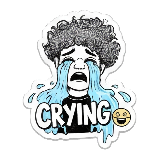 Curly-haired boy crying heavily with text CRYING. Curly Hair Doodle Vibes sticker for expressive chats and social replies.