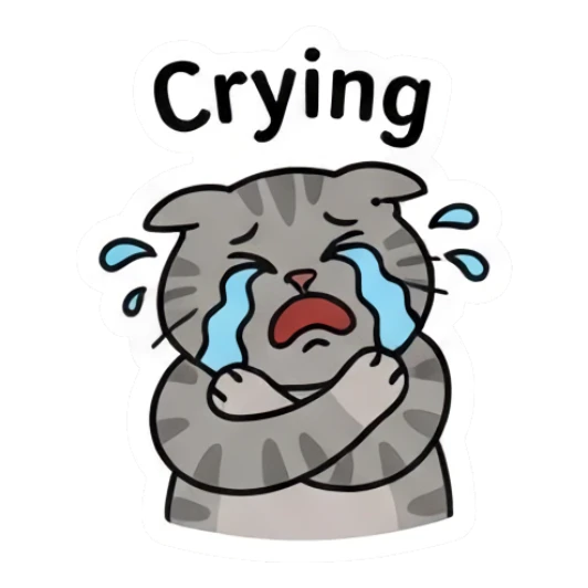 Grey cat crying with blue tears and text Crying Grumpy Grey Cat Daily sticker for expressive chats and social replies.