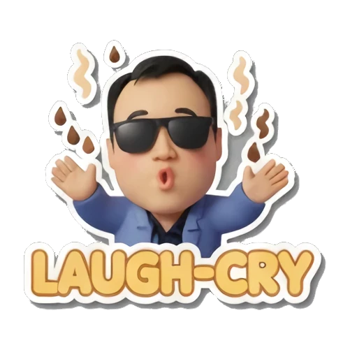 职场男士戴墨镜大笑，周围有咖啡蒸汽，文字LAUGH-CRY Office Guy Daily Vibes sticker for expressive chats and social replies.