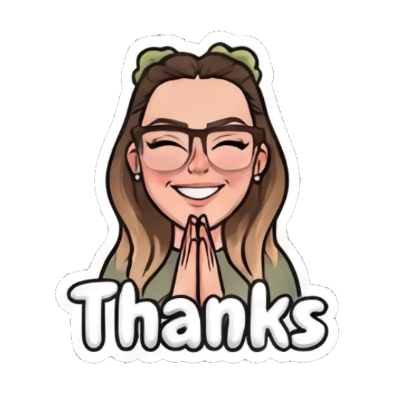 Girl with glasses smiling with hands together, text Thanks My Daily Moods sticker for expressive chats and social replies.