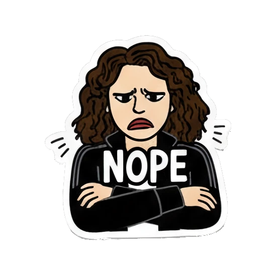 Curly-haired girl looking annoyed with crossed arms and text NOPE Curly Hair Girl Daily Vibes sticker for expressive chats and social replies.