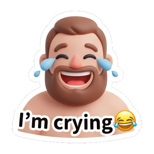 Bearded man laughing with tears of joy and text I'm crying. Bearded Buddy Expressions sticker for expressive chats and social replies.