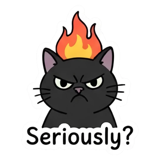 Angry black cat with a flame on its head saying Seriously? Playful Black Cat Moods sticker for expressive chats and social replies.