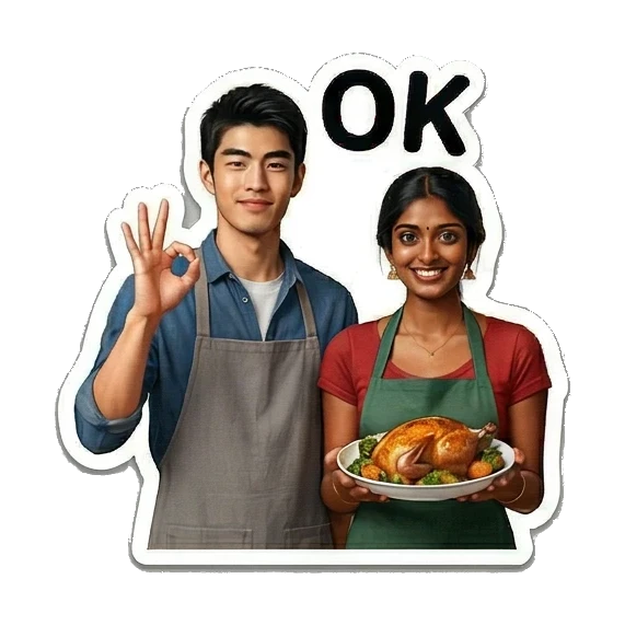 情侣在厨房展示OK手势 Culinary Couple Moments sticker for expressive chats and social replies.