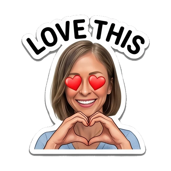 Woman making a heart shape with hands, text LOVE THIS Everyday Expressions of Sarah sticker for expressive chats and social replies.