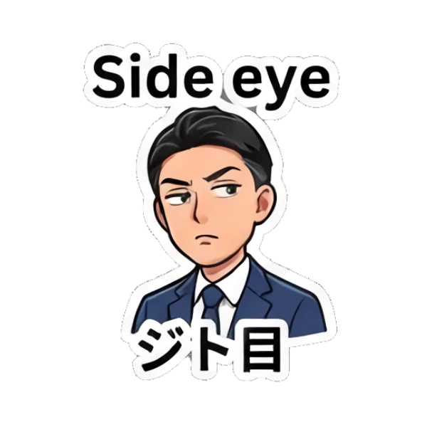 Businessman giving a skeptical side-eye glance, text Side eye Professional Office Guy sticker for expressive chats and social replies.