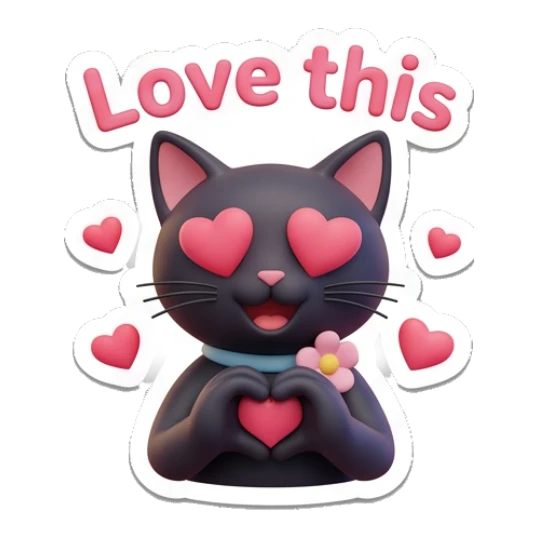 Loving black cat making a heart shape with hands, text Love this. Playful Black Cat Daily sticker for expressive chats and social replies.