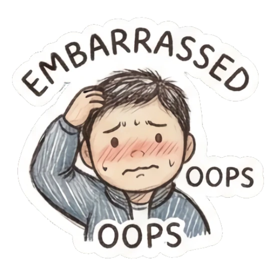 Embarrassed boy blushing with text EMBARRASSED OOPS. Little Boy Doodle Expressions sticker for expressive chats and social replies.