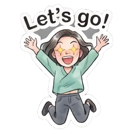 Woman jumping with excitement and text Let's go! Modern Gentle Lady Expressions sticker for expressive chats and social replies.