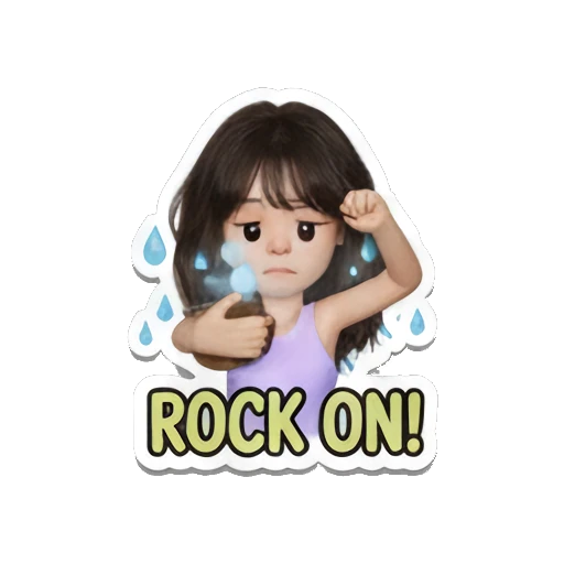 Girl looking tired with sweat drops, text 'ROCK ON!' Music Festival Girl sticker for expressive chats and social replies.