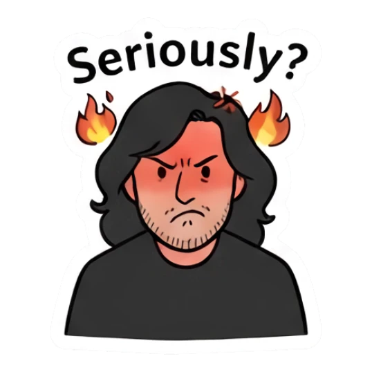 Long-haired man looking angry with fire background. Long-Haired Guy Daily Vibes sticker for expressive chats and social replies.