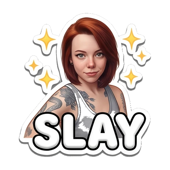 Confident girl with sparkles and 'SLAY' text Red-Haired Girl Daily Vibes sticker for expressive chats and social replies.