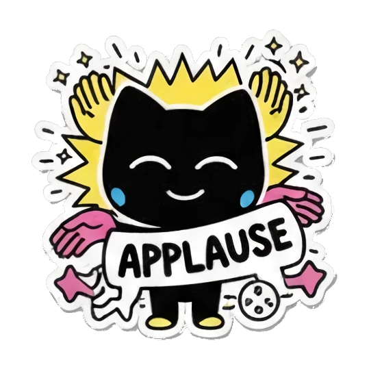 Black cat clapping hands with APPLAUSE text, celebratory. Keith Haring Style Black Cat sticker for expressive chats and social replies.