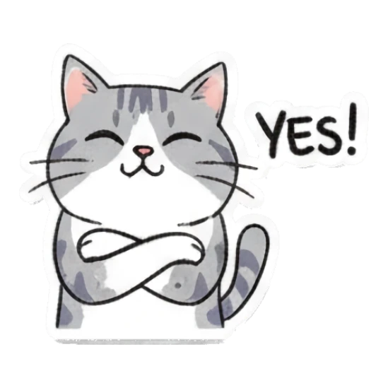 Determined gray cat with crossed arms and text Yes! Playful Gray Tabby Diary sticker for expressive chats and social replies.