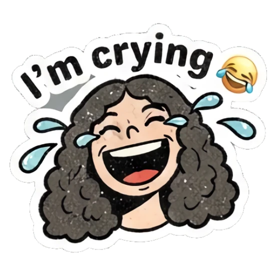 Happy girl laughing with tears of joy and text I'm crying Curly Hair Retro Vibes sticker for expressive chats and social replies.