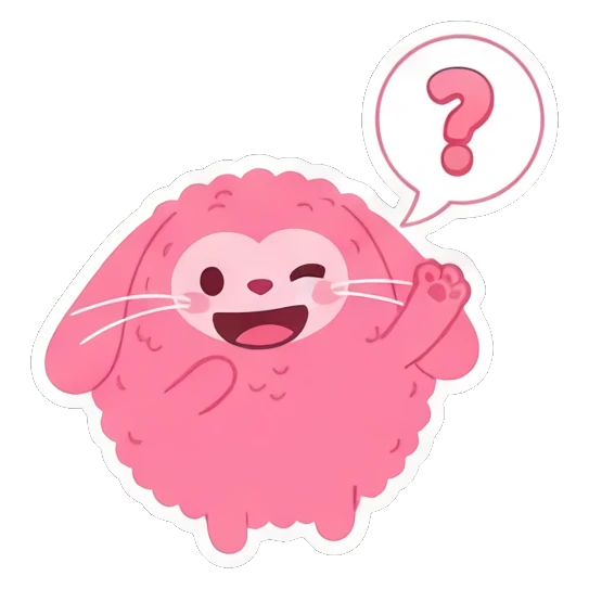 Pink bunny with a question mark bubble and '?' text. Pink Fluffy Bunny Emotions sticker for expressive chats and social replies.