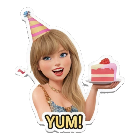 Blonde girl holding a birthday cake with 'YUM!' text, happy expression. Pop Star Party Vibes sticker for expressive chats and social replies.