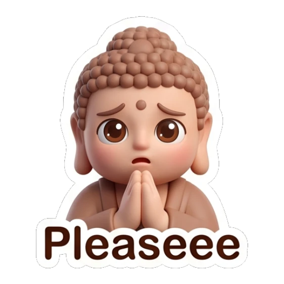Little Buddha pleading with hands together in a please gesture. Zen Little Buddha Vibes sticker for expressive chats and social replies.