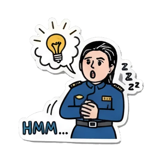 Thinking deeply, an idea bulb appears Officer's Daily Moods sticker for expressive chats and social replies.