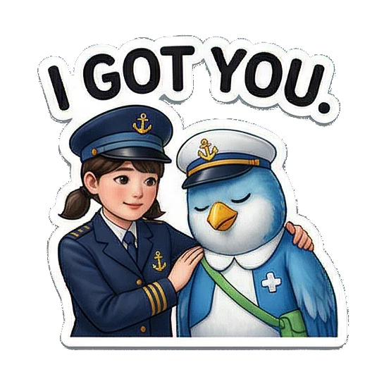 可爱治愈系互动贴纸 Little Captain & Blue Bird Duo sticker for expressive chats and social replies.