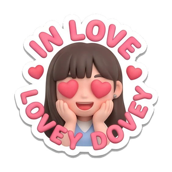 Girl with heart eyes and blushing cheeks with text IN LOVE LOVEY DOVEY Cute Girl Daily Expressions sticker for expressive chats and social replies.