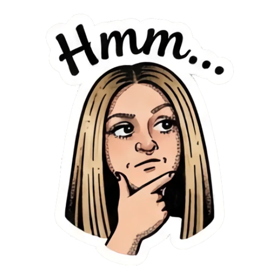 Blonde girl chin on hand thinking with text 'Hmm...' Vintage Blonde Expressionist sticker for expressive chats and social replies.