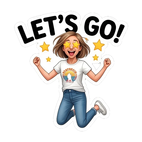 Mom jumping with excitement saying let's go. Mally Mom Daily Life sticker for expressive chats and social replies.