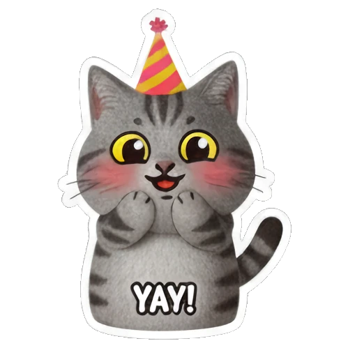 戴着派对帽庆祝的猫咪 Gray Tabby Cat Expressions sticker for expressive chats and social replies.