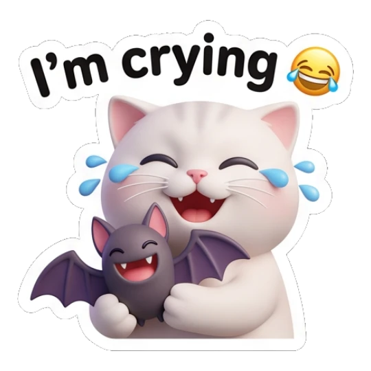 White cat crying while holding a small bat toy saying I'm crying. Whimsical White Cat Adventures sticker for expressive chats and social replies.
