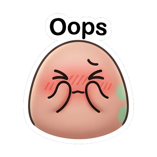 Embarrassed egg character blushing with 'Oops' text. Little Egg Moods sticker for expressive chats and social replies.
