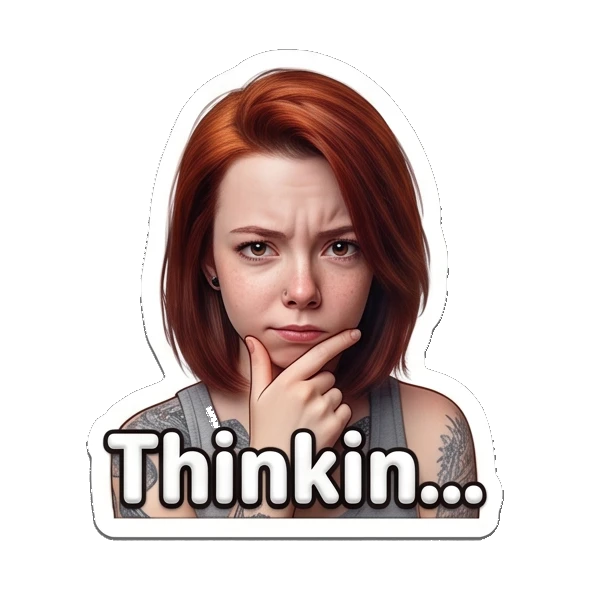 Thoughtful red-haired girl resting chin on hand. Red-Haired Girl Expressions sticker for expressive chats and social replies.