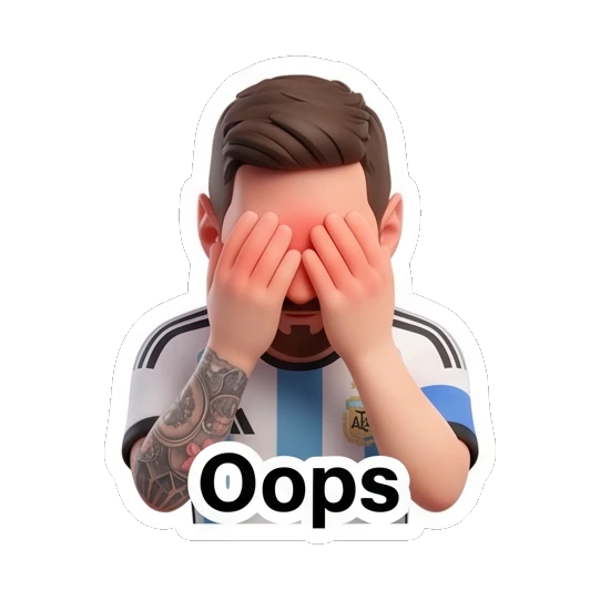 Messi covering his face with hands in an oops gesture Messi Moods sticker for expressive chats and social replies.