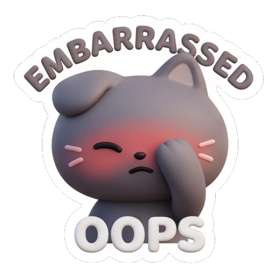 Embarrassed grey cat blushing with hand on face saying oops. Moody Grey Cat Daily sticker for expressive chats and social replies.