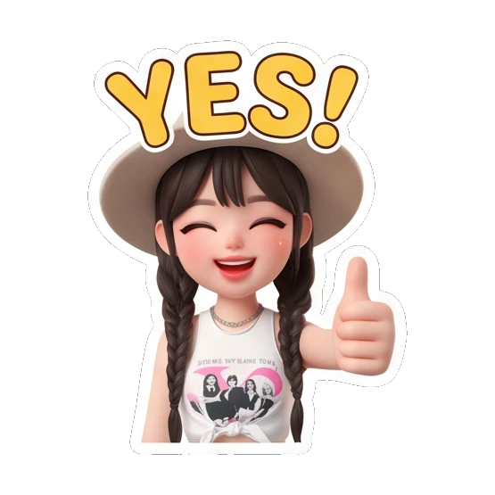 Girl in hat giving thumbs up with text YES Chic Hat Girl Expressions sticker for expressive chats and social replies.