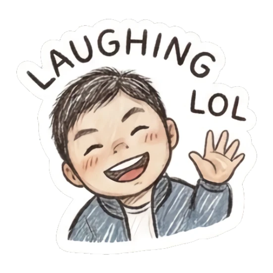 Laughing boy waving hand with text LAUGHING LOL. Little Boy Doodle Expressions sticker for expressive chats and social replies.