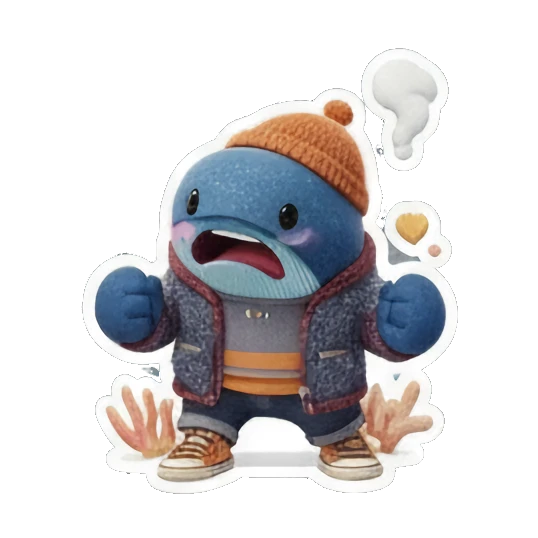 Blue whale looking confused with question marks, worried expression, text 'HUH?' Ocean Buddy Adventures sticker for expressive chats and social replies.