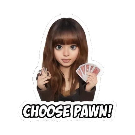 Gamer girl holding cards with 'CHOOSE PAWN!' text, deciding. Gamer Girl Adventures sticker for expressive chats and social replies.