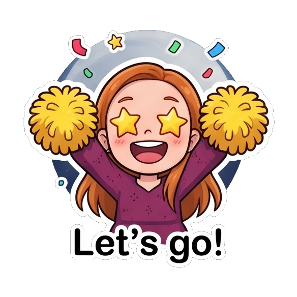 Ginger girl cheering excitedly with yellow pom-poms and star eyes Ginger Girl Daily Life sticker for expressive chats and social replies.