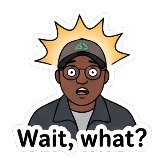 Man looking shocked with lightbulb effect, text Wait what Diverse Duo Expressions sticker for expressive chats and social replies.