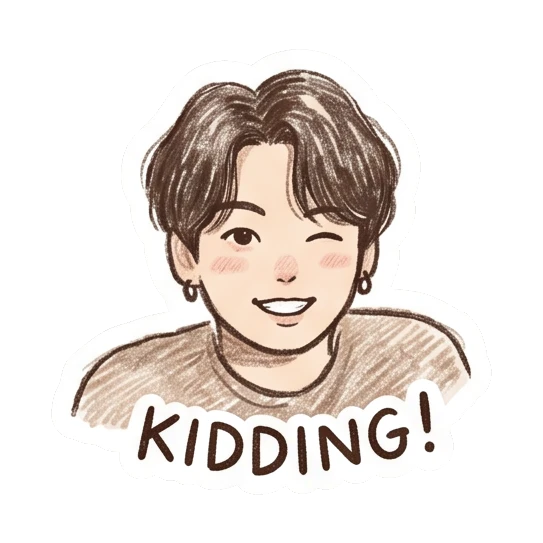 Boy winking playfully, text KIDDING! Crayon Boy Daily Moods sticker for expressive chats and social replies.