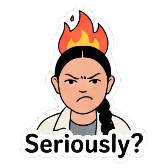 Woman with fire on head, angry, text Seriously Diverse Duo Expressions sticker for expressive chats and social replies.