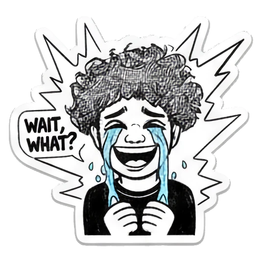 Curly-haired boy crying loudly with text WAIT WHAT. Curly Hair Doodle Vibes sticker for expressive chats and social replies.