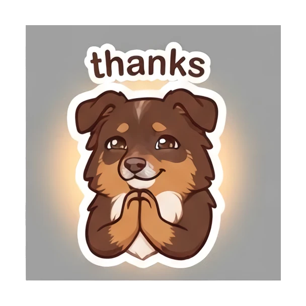 Aussie dog praying with a glowing thanks aura. Cheerful Aussie Buddy sticker for expressive chats and social replies.